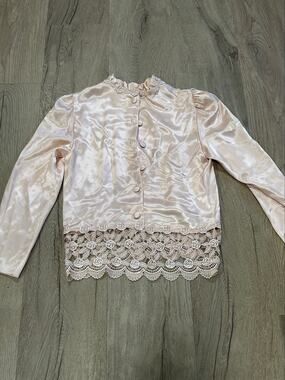 Vtg 80s PATRA Pink Liquid Satin Venice Lace Blouse Coquette Victorian Rayon M
